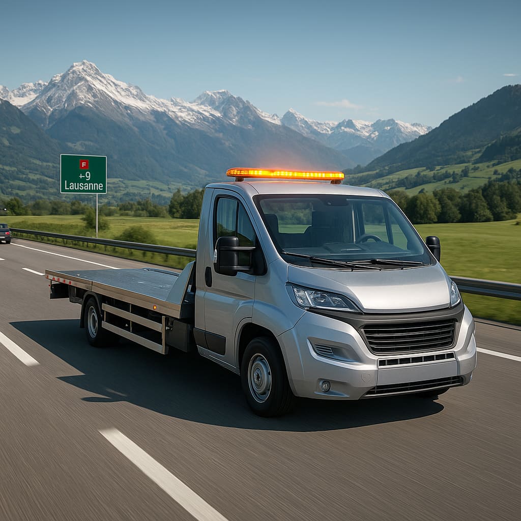Flatbed Abschleppwagen auf Schweizer Autobahn